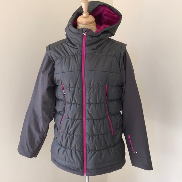 Spyder SZ 12 grey / pink zippered puffer jacket with hoodie. - Picture 1 of 11